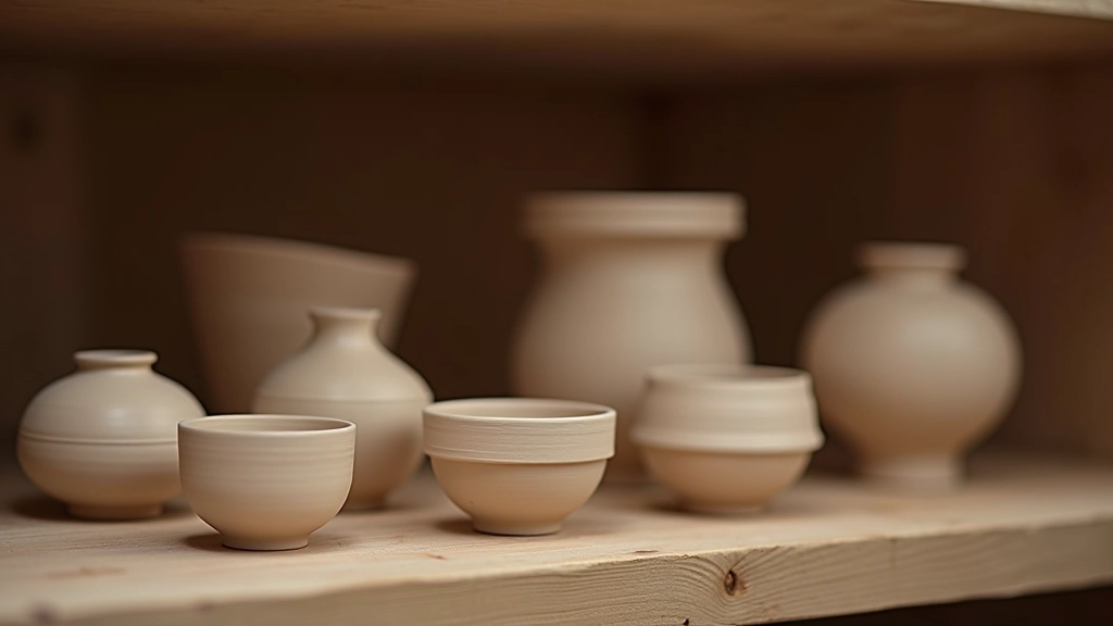 Progression of pottery pieces displayed together, showing simple beginner forms evolving to more refined and complex ceramic works