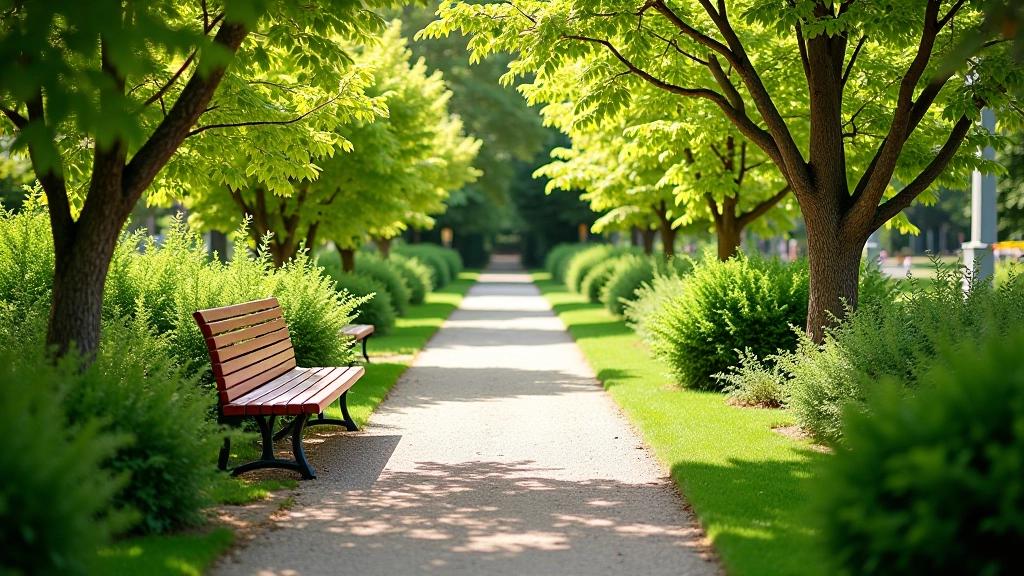 Comfortable walking trail through garden with clear signage and benches for resting along the pathway