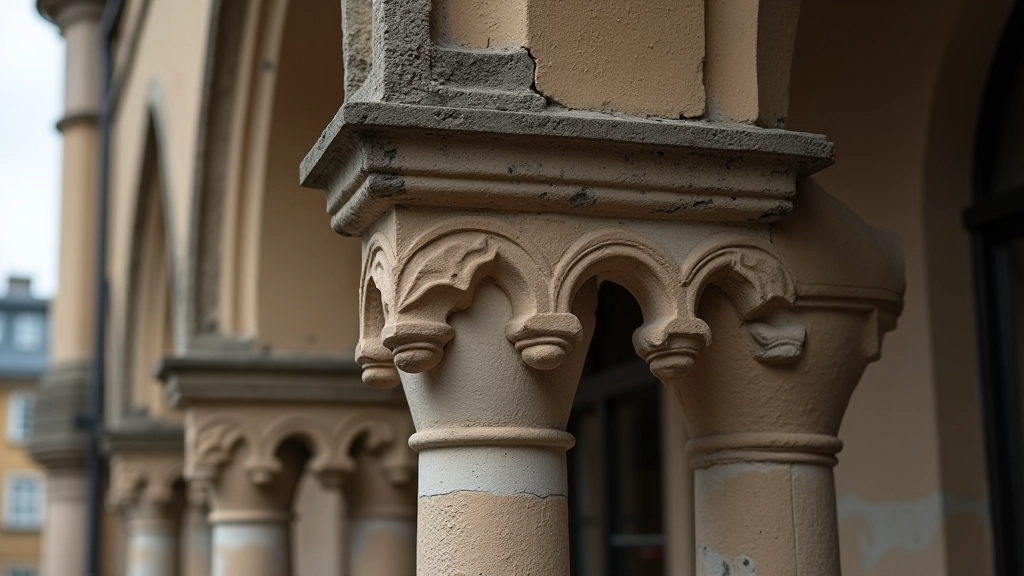 Close-up detail of Gothic carved stone decorations on historic Prague building facade