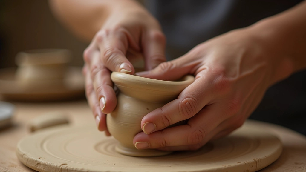 Close-up of hands demonstrating hand-building technique, pinching clay to form a small pot shape with focused concentration