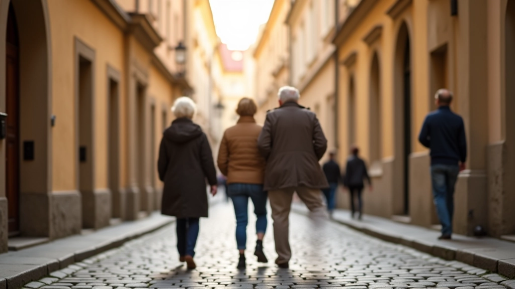 Group of adults walking through narrow medieval streets of Prague's old town during guided tour