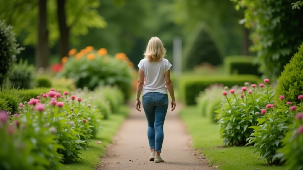 Woman enjoying peaceful walk through botanical garden with blooming flowers and scenic pathways