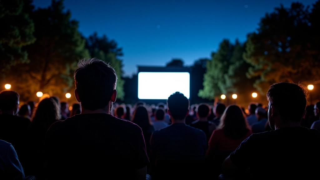 Overhead view of outdoor cinema audience under stars, silhouettes of people watching film on screen, comfortable seating visible, night sky with stars above