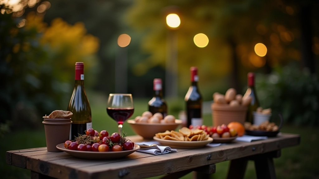 Refreshment stand at outdoor cinema with wine glasses, snacks, and beverages displayed, garden trees and screening area visible behind