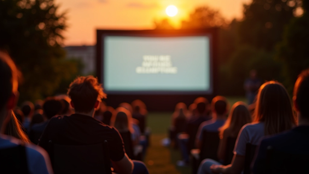 Close-up of cinema screen showing opening credits, garden seating visible in foreground, warm golden evening light, comfortable outdoor furniture