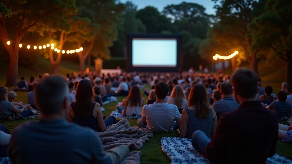 Couples and small groups seated on comfortable loungers in an outdoor cinema garden at twilight, trees visible in soft background lighting
