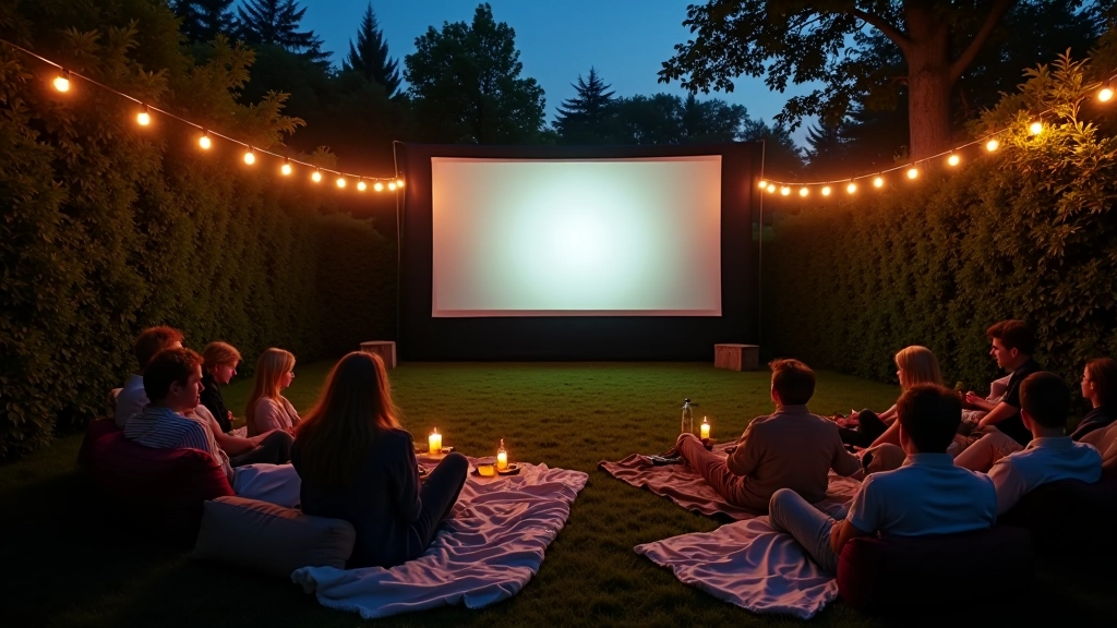 Outdoor cinema screen glowing at dusk with comfortable seating in a garden setting, vintage projector visible