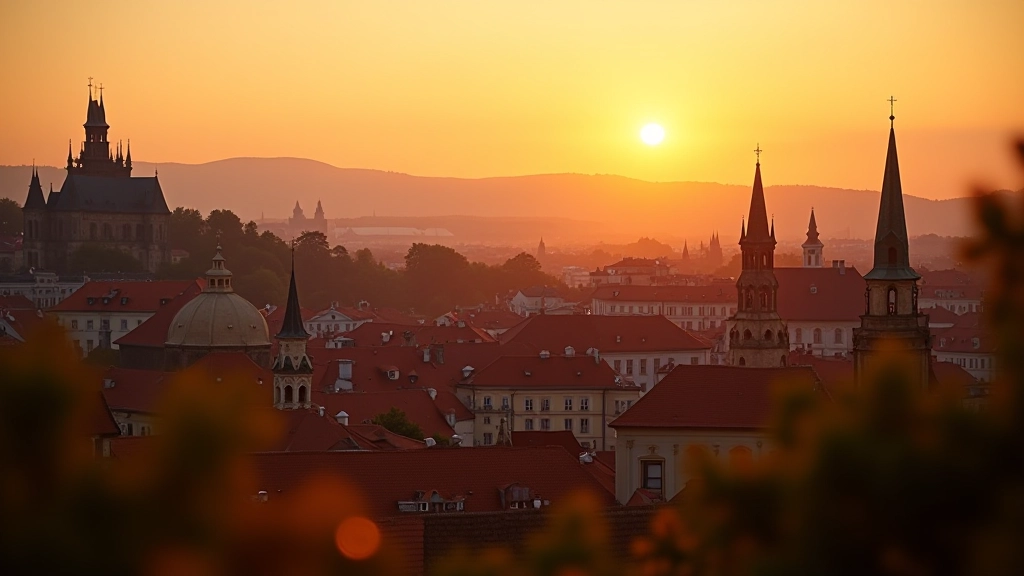 Scenic view of Prague old town rooftops during golden hour sunset with historic architecture