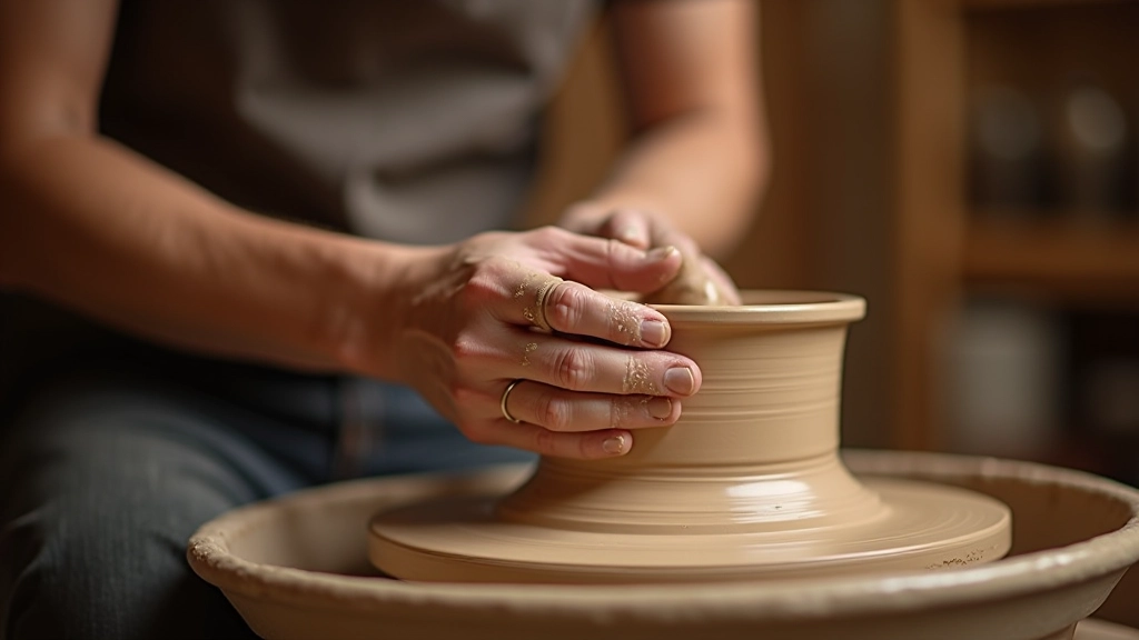 Potter's hands shaping clay on a spinning wheel in a warm studio setting