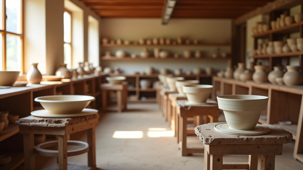 Interior of a pottery studio with multiple ceramic wheels lined up, clay dust in warm afternoon light, finished pieces on shelves