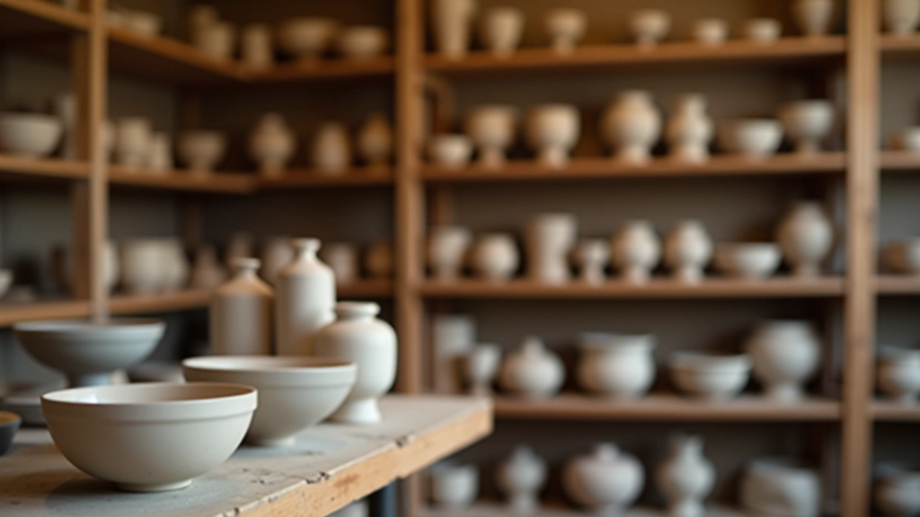 Ceramic pieces on display shelves in a pottery studio, showing various handmade bowls, vases, and sculptural forms with natural glazes