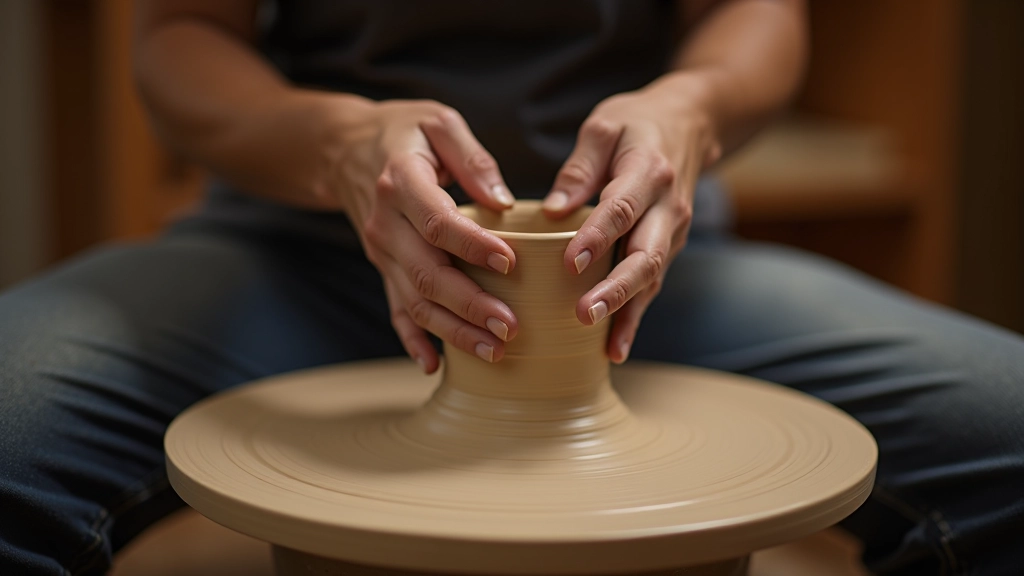 Pottery wheel in motion with centered clay, demonstrating wheel-throwing technique with hands guiding the spinning clay upward