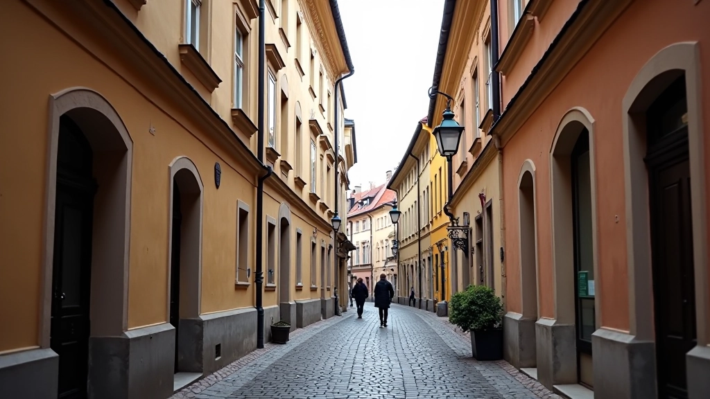 Historic cobblestone street in Prague's Old Town with ornate facades and narrow alleyway perspective