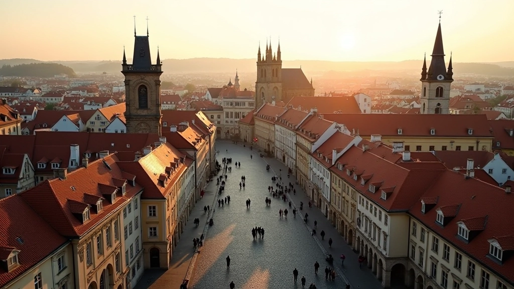 Aerial view of Prague's Old Town Square with its distinctive architecture and crowd of visitors during daytime