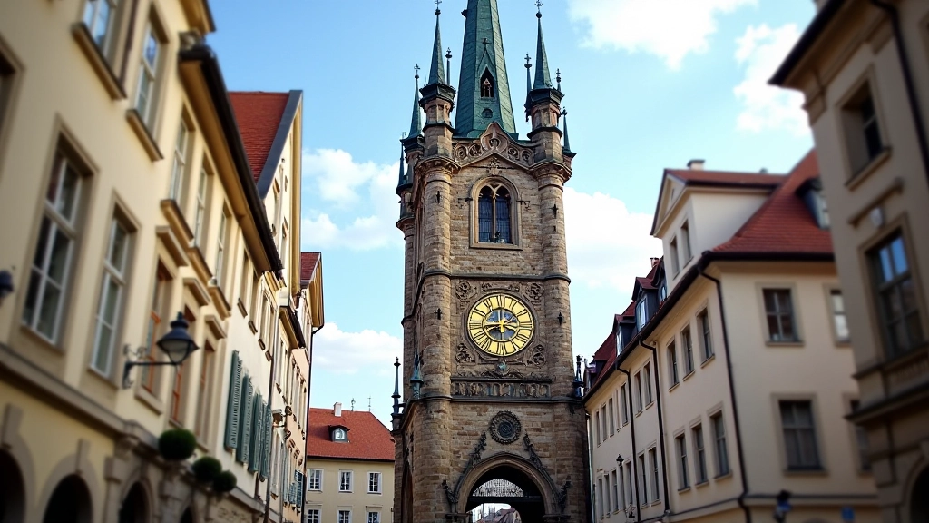 Ornate astronomical clock tower in Prague's Old Town Square with Gothic architecture details visible
