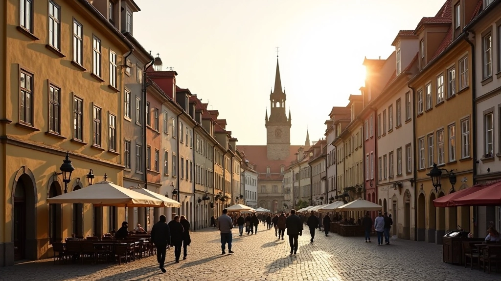 Historic cobblestone street in Prague old town square with traditional architecture and tourists exploring